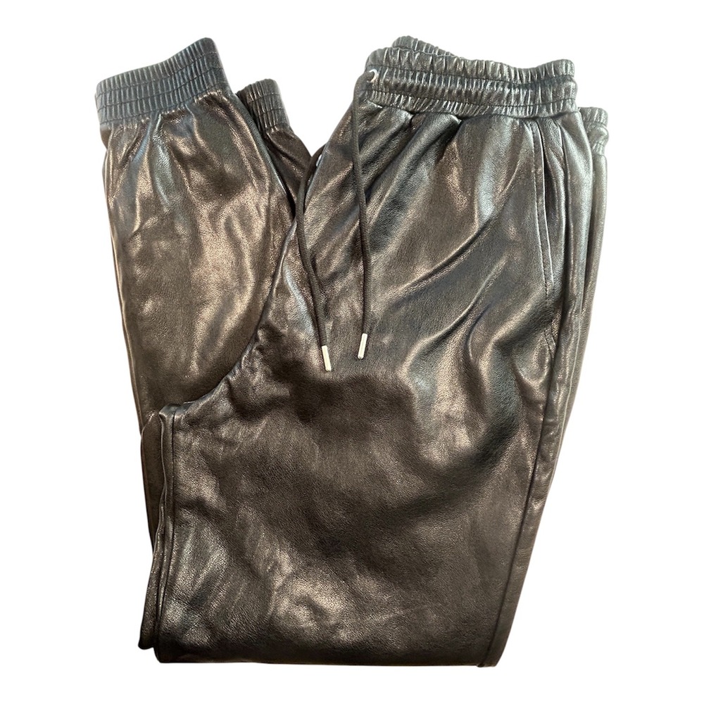 AVEC LES FILLES Faux Leather Joggers Women S Black Elastic Waist Drawstring